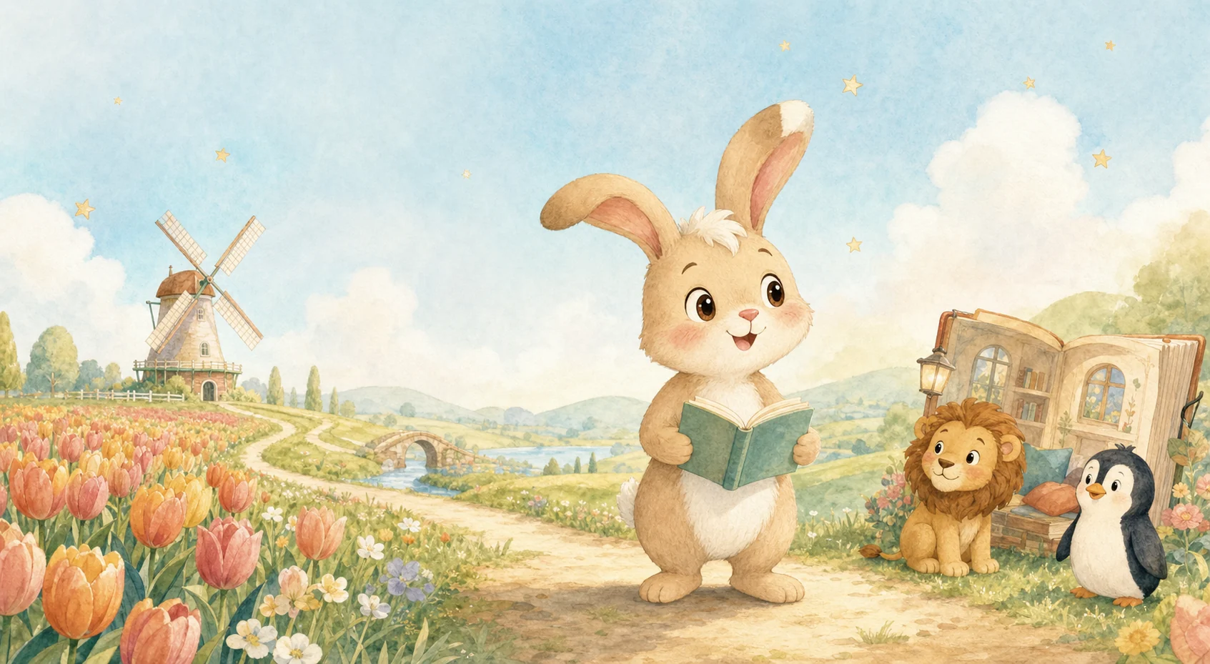 Nino the rabbit reading beside tulips, a windmill and animal friends